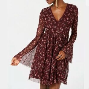 Floral Burgundy Long Bell Sleeve Dress